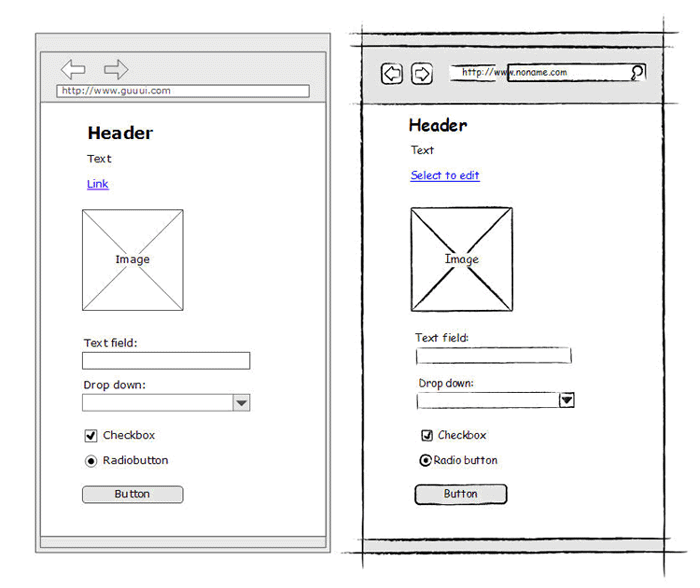 Comparison of the sketchy wireframe stencils by Niklas Wolkert (right) and traditional ones by Henrik Olsen (left) at guuui.com. Image credit: Henrik Olsen. Comparison of the sketchy wireframe stencils by Niklas Wolkert (right) and traditional ones by Henrik Olsen (left) at guuui.com. Image credit: Henrik Olsen.